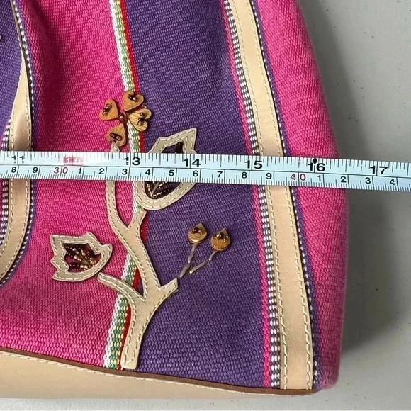 Sharif Marc & Marc Striped Beaded Floral Patch Large Leather/Canvas Tote Bag - Picture 14 of 15